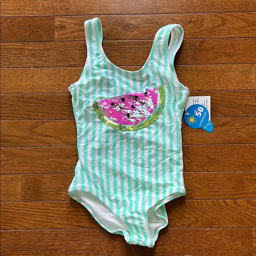 Striped Green and White Swimsuit with Sequin Watermelon